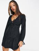 Topshop Recycled Blend Premium Textured Floral Tie Front Mini Dress In Black