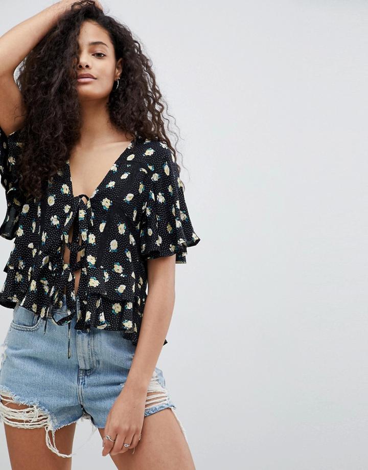 Asos Lace Insert Tie Front Top With Ruffle Hem In Spot Floral - Multi
