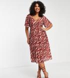 Asos Design Curve Pleated Twist Back Cap Sleeve Midi Dress In Abstract Smudge Print-multi