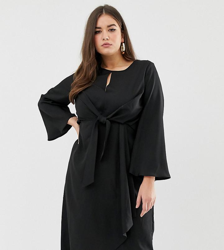 Missguided Plus Tie Front Midi Dress In Black