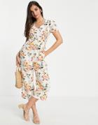 Miss Selfridge Puff Sleeve Jumpsuit In Grape Print-white