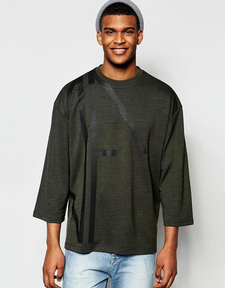 Asos Oversized 3/4 Sleeve Sweatshirt With Print In Khaki - Khaki