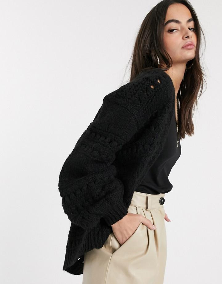 Asos Design Stitch Detail Edge To Edge Cardi With Volume Sleeve-black