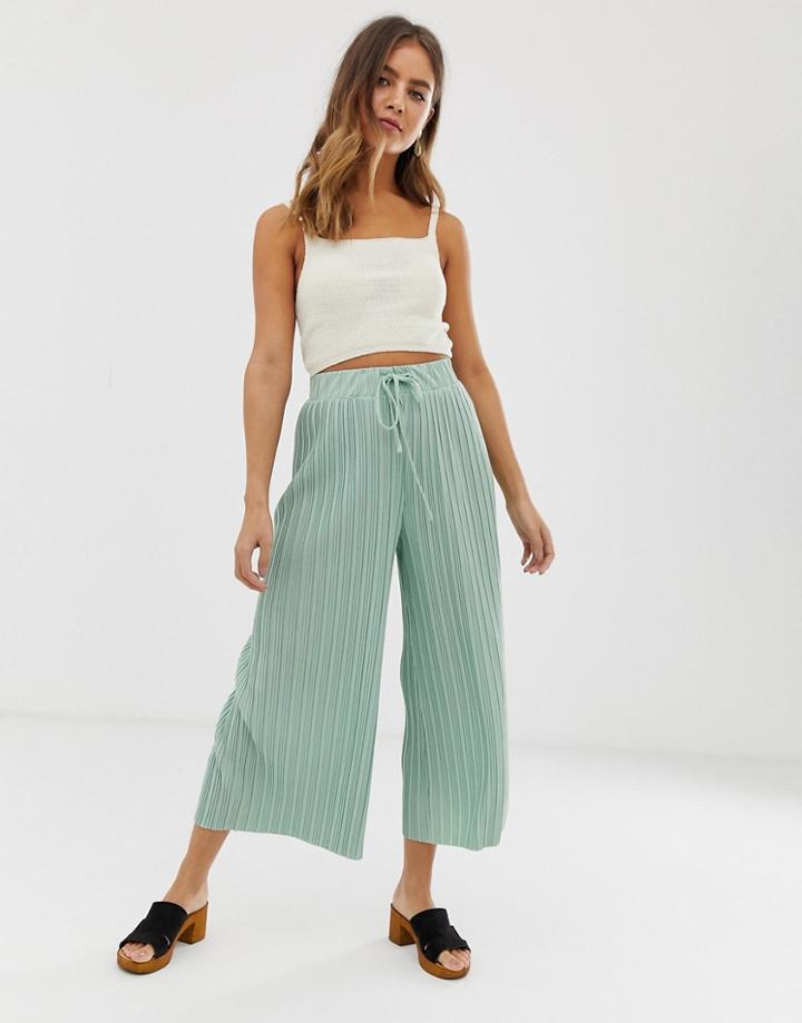 Bershka Wide Leg Drawtsring Pants In Green - Green