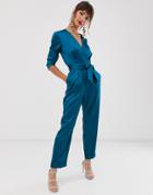 Closet Crossover Satin Jumpsuit In Teal - Blue