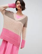 2ndday Chunky V-neck Sweater In Color Block - Multi