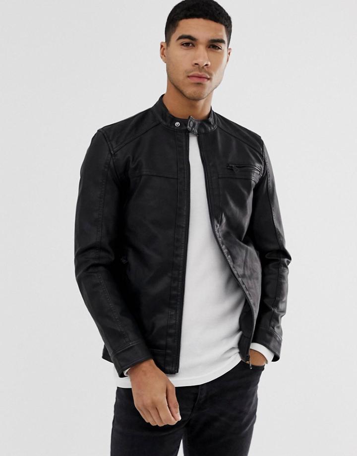 Only & Sons Faux Leather Racer Jacket In Black