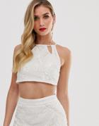 Asos Design Geo-tribal Embellished Crop Top Two-piece With Lace Up Back-white
