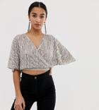 Asos Design Petite Embellished Wrap Top With Angel Sleeve - Silver