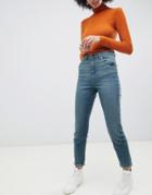 Asos Design Recycled Farleigh High Waisted Slim Mom Jeans In Mid Green Blue Tone Wash