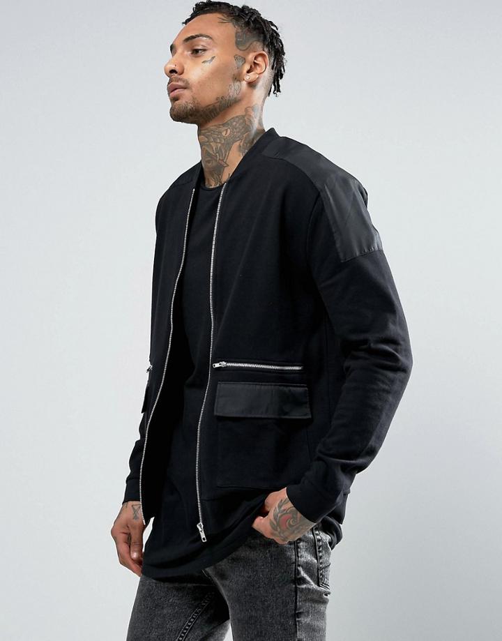 Asos Jersey Bomber Jacket With Woven Panels & Zip Pockets - Black