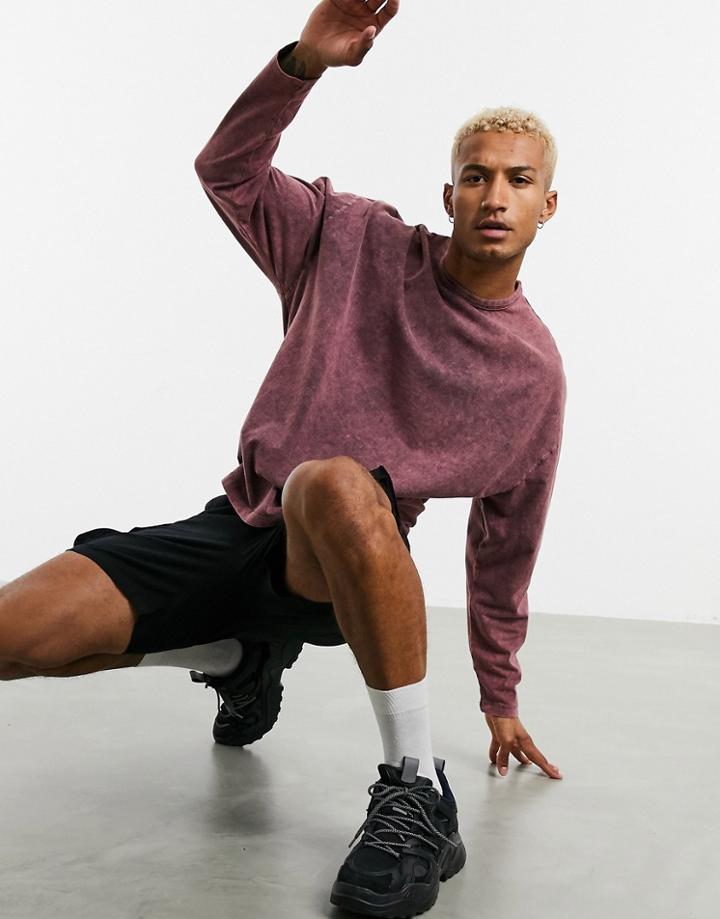 Asos Design Oversized Long Sleeve T-shirt In Heavyweight Acid Wash-brown