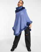 Jayley Faux Fur Trim Poncho In Blue
