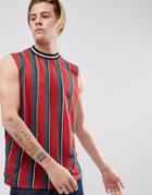 Asos Design Retro Vertical Striped Sleeveless T-shirt With Dropped Armhole And Tipped Neck - Red