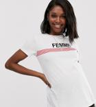 Asos Design Maternity T-shirt With Stripe And Femme Motif With Raw Hem - White