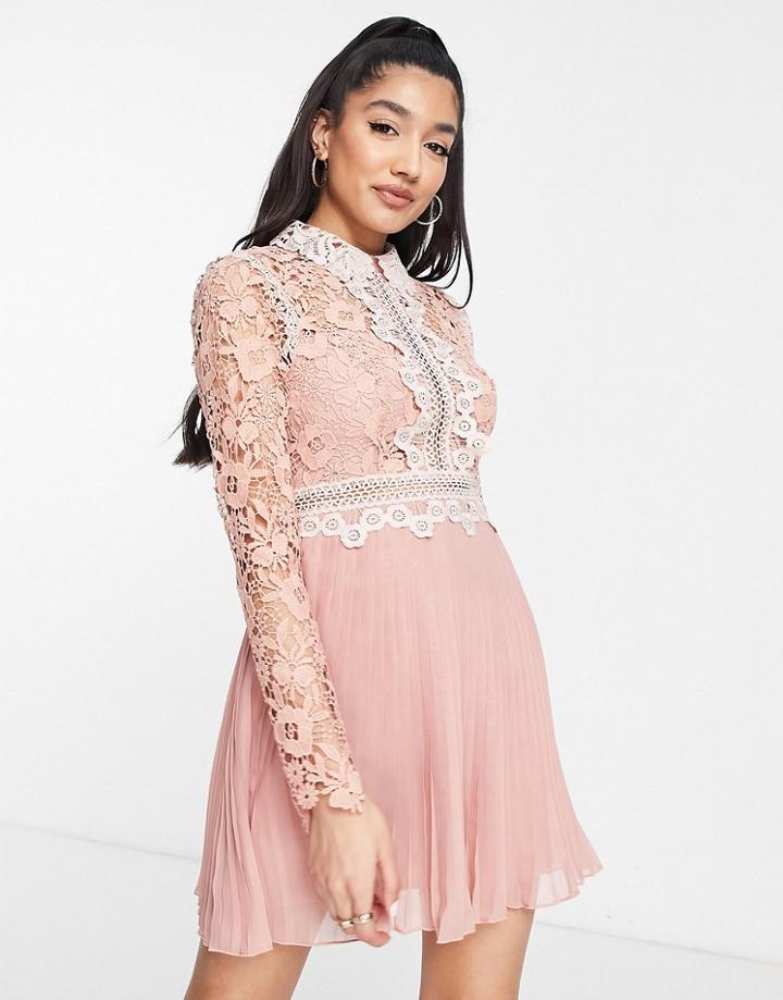 Asos Design Lace Mini Dress With Collar Detail And Pleated Skirt-pink