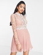 Asos Design Lace Mini Dress With Collar Detail And Pleated Skirt-pink