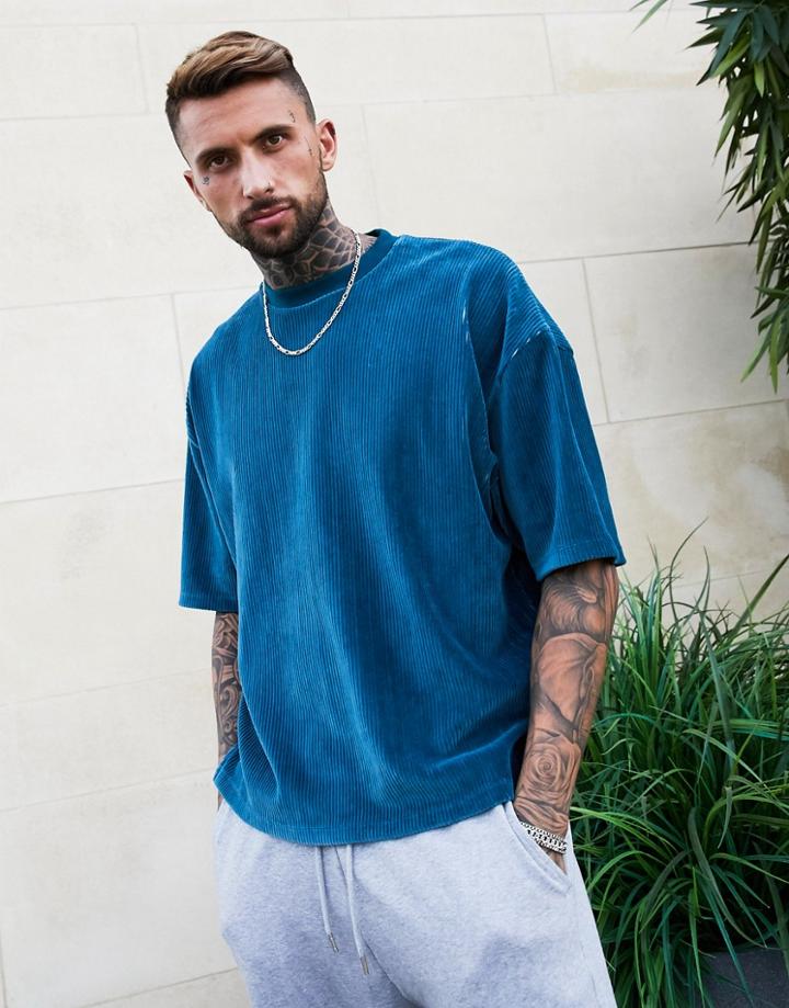 Asos Design Oversized T-shirt In Blue Ribbed Velour Cord-green