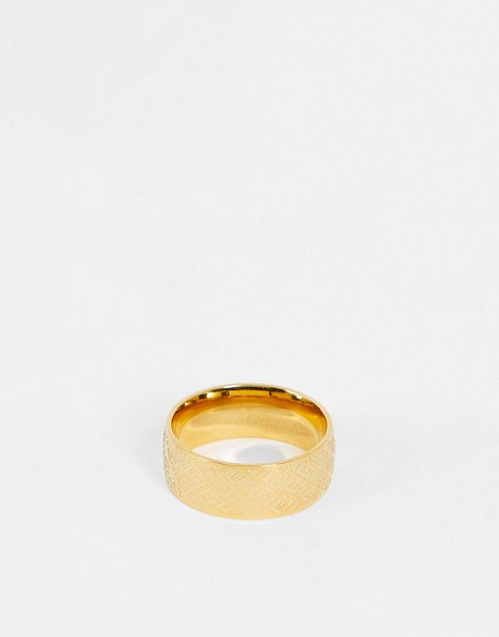 Asos Design Stainless Steel Band Ring In Greek Wave In Gold Tone