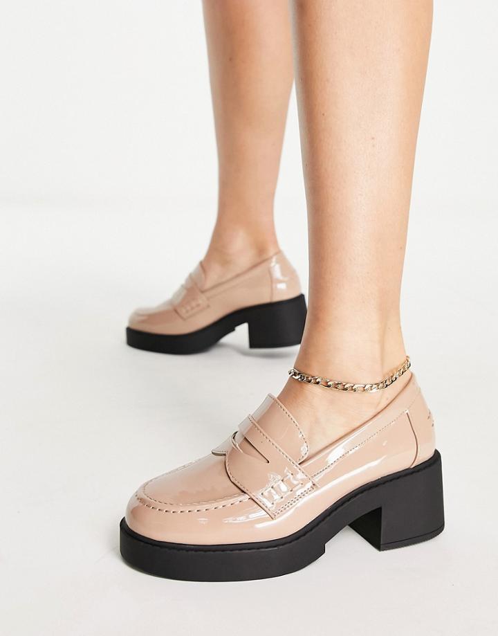 Asos Design Storming Chunky Mid Heeled Loafers In Beige Patent-neutral