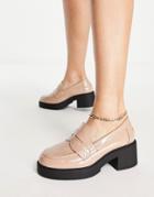 Asos Design Storming Chunky Mid Heeled Loafers In Beige Patent-neutral