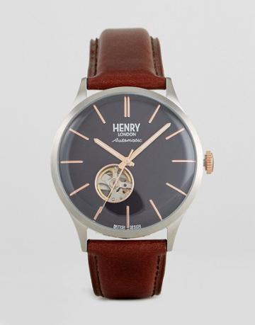 Henry London Automatic Mechanical Leather Watch In Brown - Brown