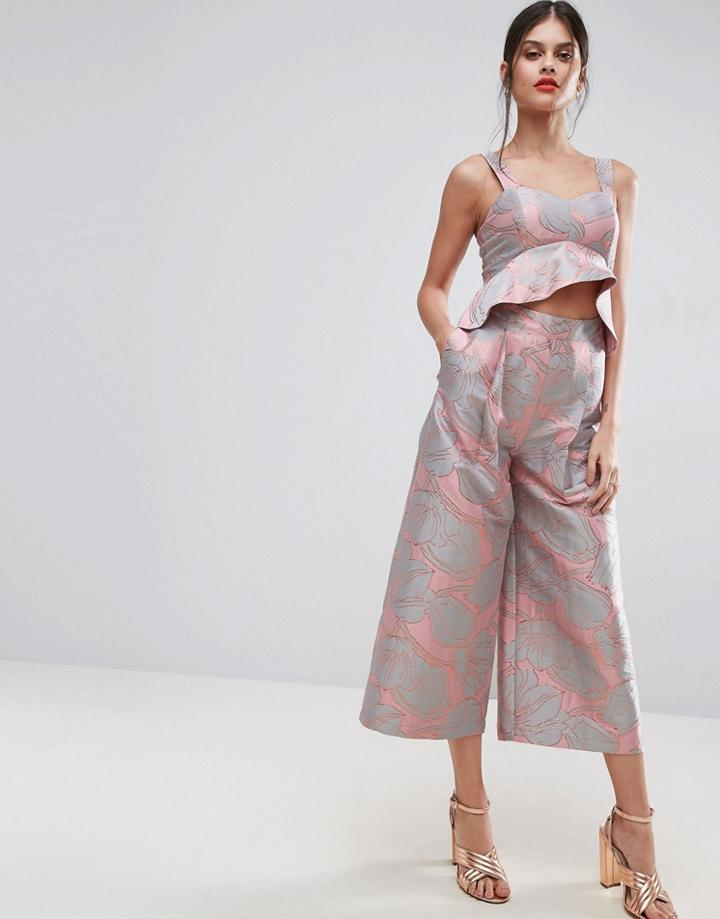 Asos Occasion Jumpsuit In Floral Jacquard With Frill And Exposed Waist - Multi