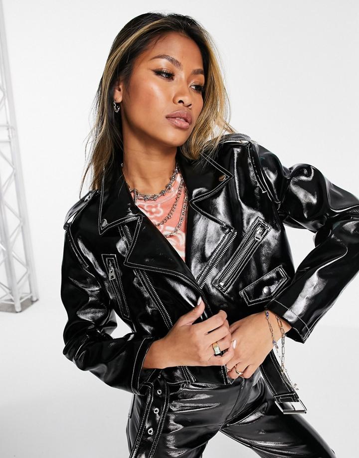 Topshop Cropped Vinyl Biker Jacket In Black - Part Of A Set