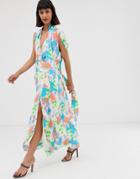 Asos Design Plunge Neck Modern Maxi Dress With Cape Sleeves In Floral Print - Multi