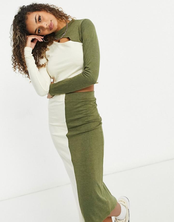 Unique21 Knitted Two Tone Crop Top In Ecru And Khaki-green