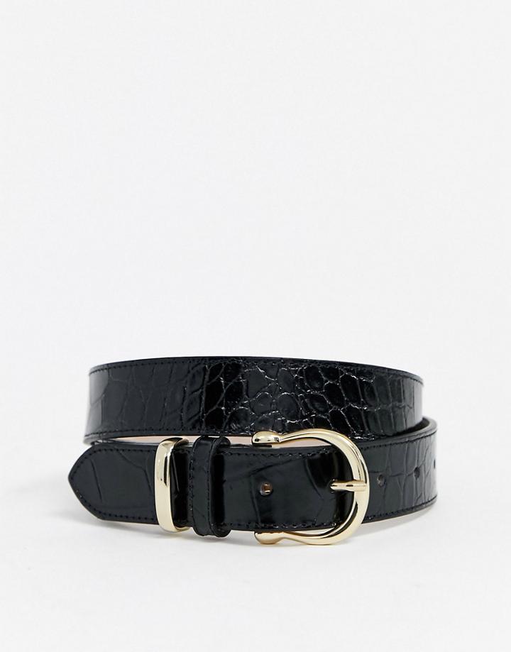 & Other Stories Croc Embossed Leather Belt In Black