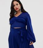 Tfnc Plus Knot Front Long Sleeve Wrap Two-piece Crop Top In Cobalt-blue