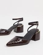 Asos Design Steady Block Heel Mid Shoes In Burgundy Croc-red