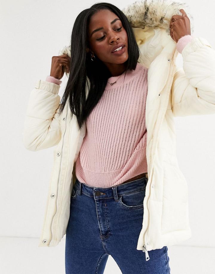 New Look Belted Puffer Jacket In Cream