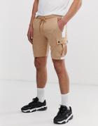 Asos Design Skinny Shorts With Cargo Pockets And Side Stripes In Beige - Beige