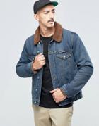 Asos Denim Jacket With Brown Borg In Mid Wash - Blue