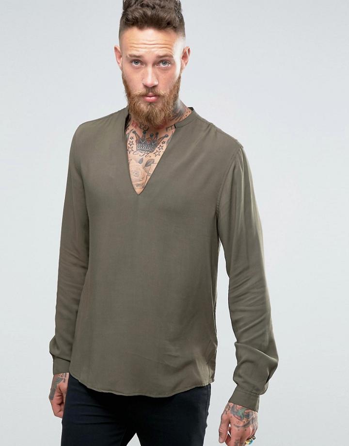 Asos Viscose Shirt In Khaki With V Neck In Regular Fit - Green