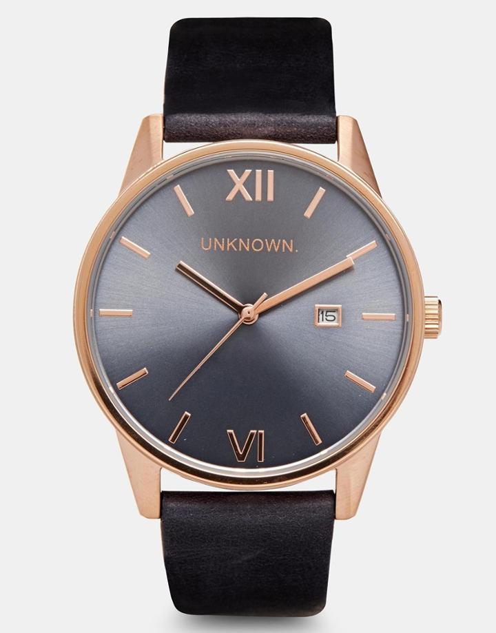Unknown Blue Leather Strap Watch With Rose Gold Detail - Blue