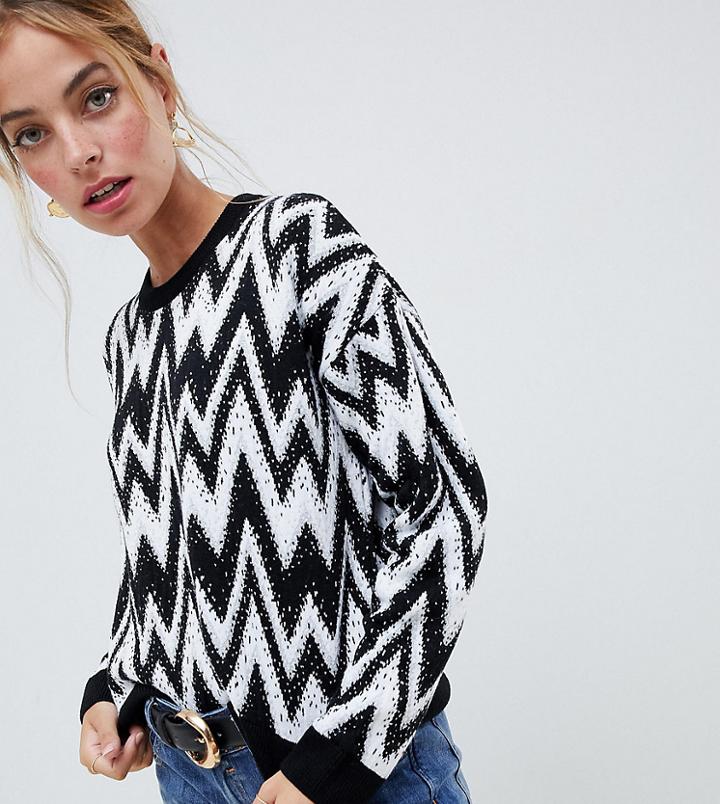 Asos Design Petite Sweater In Mono Chevron Pattern-multi