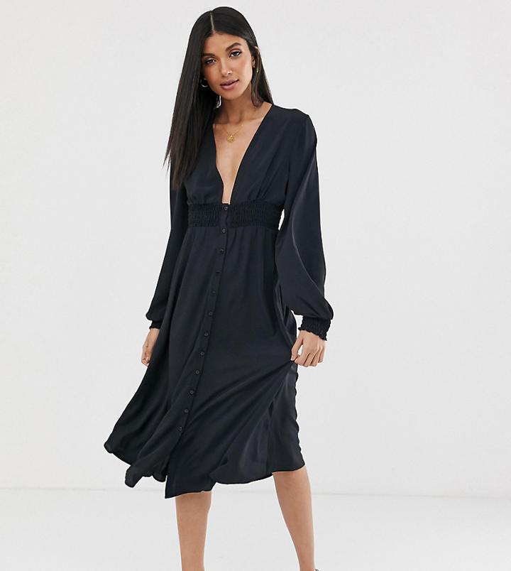 Asos Design Tall Long Sleeve Button Through Midi Dress With Shirred Waist-black