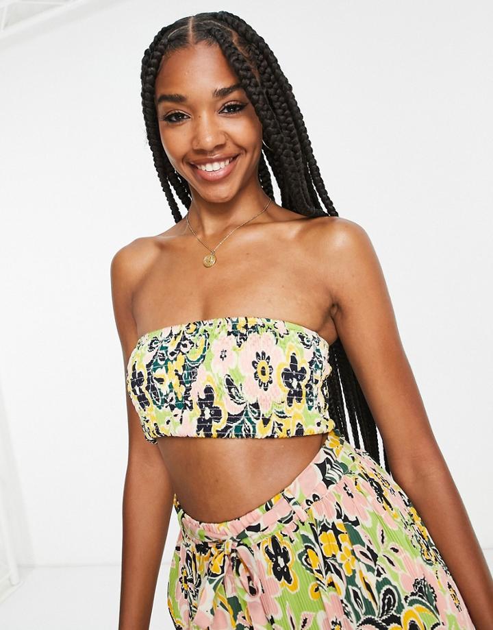 Topshop 60's Floral Shirred Bandeau Bikini Top & Scrunchie-multi