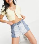 Stradivarius Petite Contrast Two Tone Denim Short With Raw Hem In Blue-blues