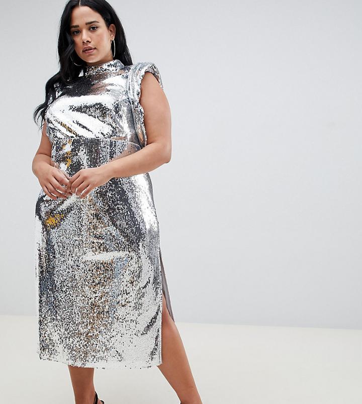 Asos Design Curve High Neck Drape Armhole Midi Dress In All Over Sequin - Silver