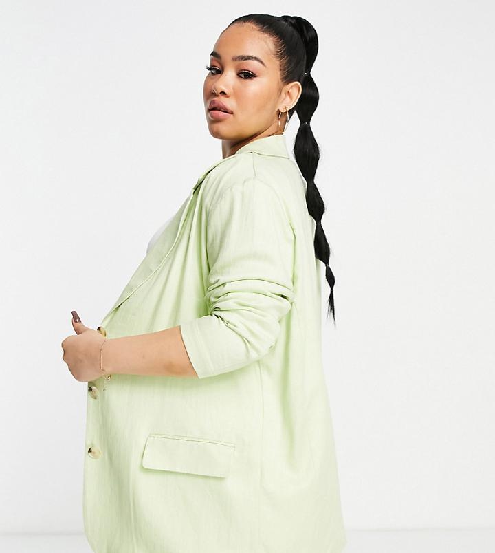 Asos Design Curve Linen Slim Straight Suit Blazer In Lime-green