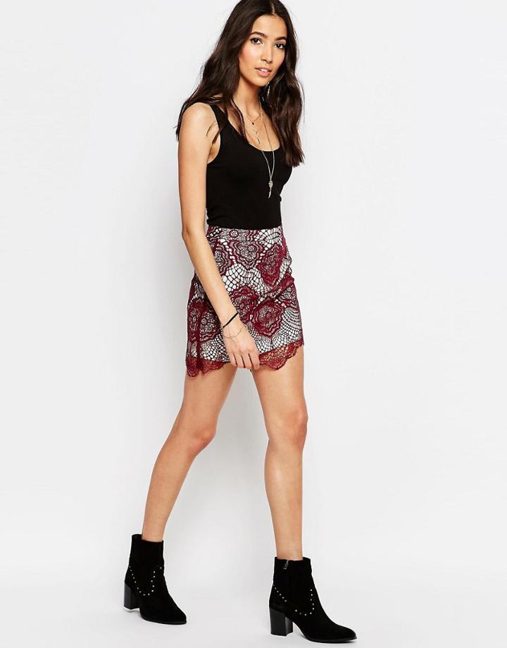 Daisy Street Skirt In Lace - Burgundy