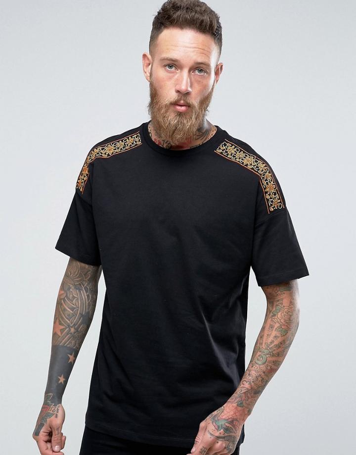 Asos Oversized T-shirt With Embroidered Shoulder Detail - Black