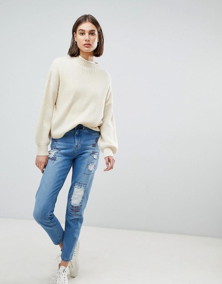Waven Elsa Embroidered Stressed Mom Jeans - Blue