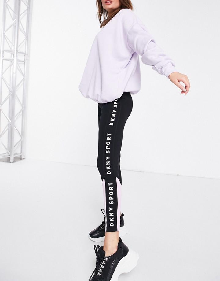 Dkny High Waisted Leggings With Side Logo In Black-purple