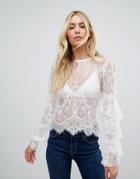 Liquorish Lace Top With Tiered Sleeves - Cream