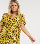 Asos Design Curve Satin Wrap Mini Tea Dress With Ruched Skirt In Ditsy Floral Print